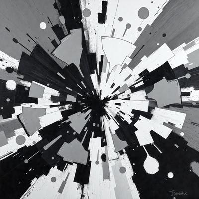 The primary subject of the image is a black and white artwork featuring a white circle in the center. The setting is a black background, and the visual style appears to be a combination of digital art and illustration. The dominant colors are black and white, creating a stark and dramatic atmosphere.